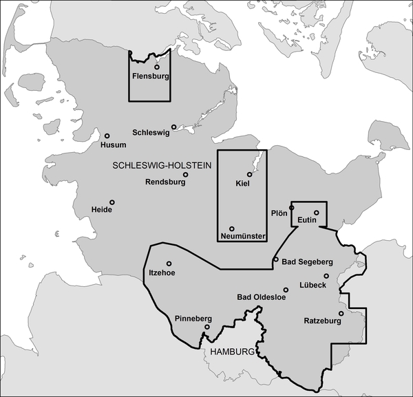 Abb. 1: Bearbeitungsgebiete mit einheitlicher Vorgehensweise bei der hydrogeologischen 3D-Modellierung in Schleswig-Holstein