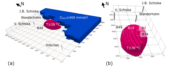 (a) Rekonstruierter natürlicher Zustand des Fernfelds des Waiwera-Reservoirs mit Isoflächen für die geothermische Temperaturfahne (Temperatur ≥ 38 °C) und das eindringende Meerwasser (Chloridkonzentration ≥ 400 mmol/l) und wesentlichen vorhandenen Bohrungen (alle Längenangaben in m). (b) Rekonstruierte natürliche Temperaturfahne (T≥38 °C) im Nahfeld unterhalb der Gemeinde Waiwera.