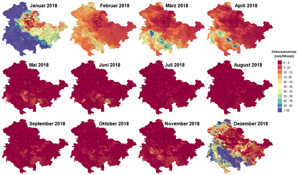 Monatliche Sickerwasserraten im Extremjahr 2018 