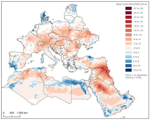 Abb. 1: Mittlerer jährlicher Trend der Grundwasserspeicherung (aus GRACE- und ERA5-Land-Daten) im Zeitraum 2003-2020.