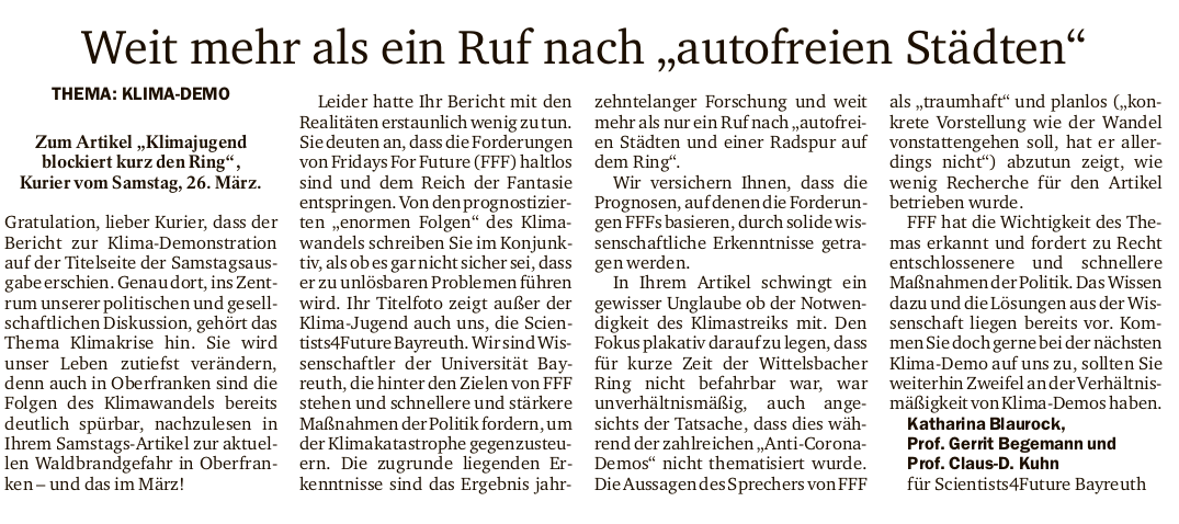 Leserbrief von S4F zu Klimastreik