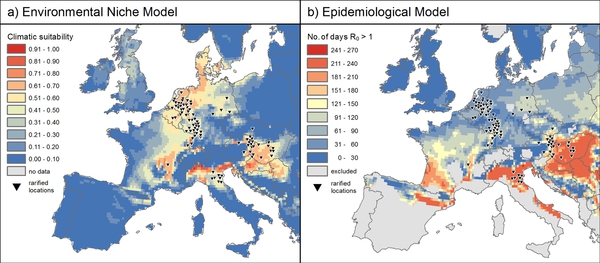 Potential geographic distribution of USUV in Europe, projected by Maxent and SEIR model
